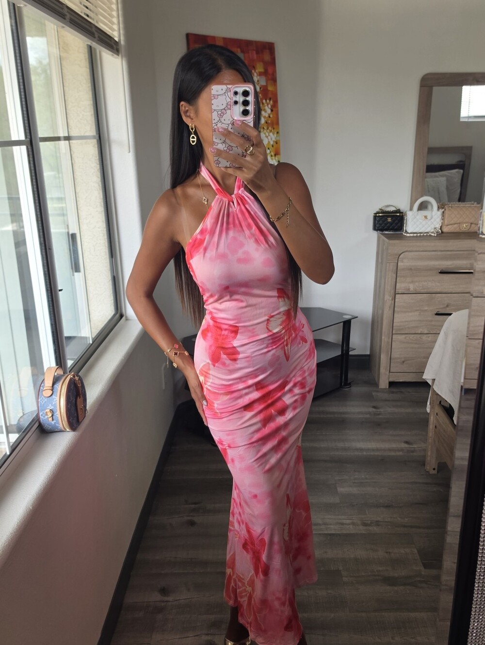 Halter Neck Pink Tie-Dye Maxi Dress Very Stretchy